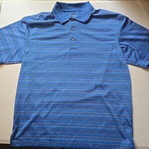 PGA Tour Polo Mens L‎ Blue White Striped Golf Shirt Short Sleeve Light Stretch